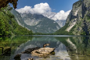 Watzmann Massif 'in arkasındaki Obersee Gölü manzarası, Koenigssee Salet, Berchtesgaden Ulusal Parkı, Bavyera, Yukarı Bavyera, Almanya, Avrupa