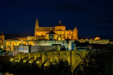 Cordoba, İspanya - 31 Ekim 2019: Mezquita-Katedral ve Puente Romano - Cami-Katedral ve gece İspanya 'nın Endülüs kentindeki Roma Köprüsü