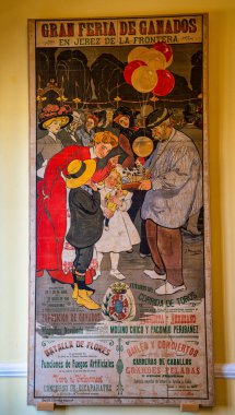 Jerez de la Frontera, İspanya - 15 Kasım 2019: Alcazar Villavicencio Sarayı ahşap iç mimarisi Endülüs, İspanya