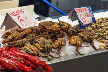 Cadiz, İspanya - 16 Kasım 2019: Cadiz şehir merkezindeki markette alışveriş, Mercado Central de Abastos. Cadiz, Endülüs, İspanya.