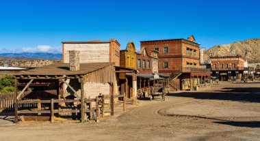 Tabernas, Spain - Nov 29, 2019: Mini Hollywood or Oasys is a Spanish Western-styled theme park, located near the town of Tabernas in the province of Almeria, Andalusia. clipart