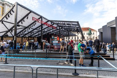 Münih, Almanya - 07 Eylül 2021: IAA Hareketlilik Açık Alanı. Porsche Uluslararası Otomobil Sergisi. Gelecekteki hareketlilik kavramı