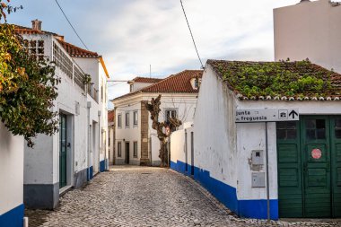 Traditional white houses with blue stripes in the streets of Ericeira in Portugal, Europe