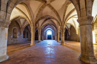 Alcobaca, Portekiz - Mar 08, 2025: Alcobaca manastırı, Alcobaca, Portekiz 'deki Mosteiro de Santa Maria de Alcobaca yatakhanesi. Rahiplerin birlikte uyuduğu büyük gotik bir oda, manastırın içinde..