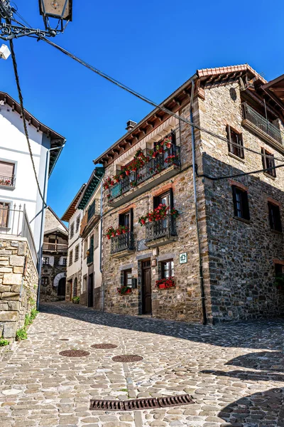 Roncal vadisinde, Pireneler 'de, İspanya' da kahverengi kiremitli konut binaları ve ortaçağ güçlendirilmiş Aziz Kıbrıs kilisesi ile Isaba 'da geziniyor.