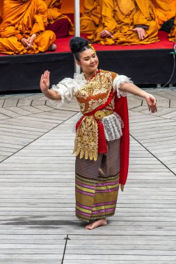 Münih, Almanya - 17 Mayıs 2025: Almanya 'nın Münih kentinde düzenlenen vesakh festivaline, tören cübbesi giymiş Budist cemaatlerinden keşişler ve gruplar katıldı