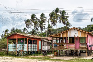Soure, Brezilya - 10 Aralık 2025: Brezilya 'da Marajo Adası' ndaki Pesqueiro, Soure 'de balkonlu renkli doğal çerçeveli evler.