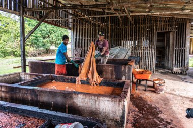 Soure, Brezilya - 11 Aralık 2025: Soure, Ilha de Marajo, Brezilya 'daki deri tabakhanesinde çalışan insanlar