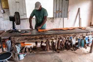 Soure, Brezilya - 11 Aralık 2025: Soure, Ilha de Marajo, Brezilya 'daki deri tabakhanesinde çalışan insanlar