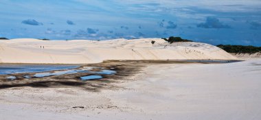 Brezilya 'daki kum tepeleri ve lagoa bonita gölleri, Lencois Maranhenses, Barreirinhas. Taze ve şeffaf su havuzları olan beyaz kum tepeleri.