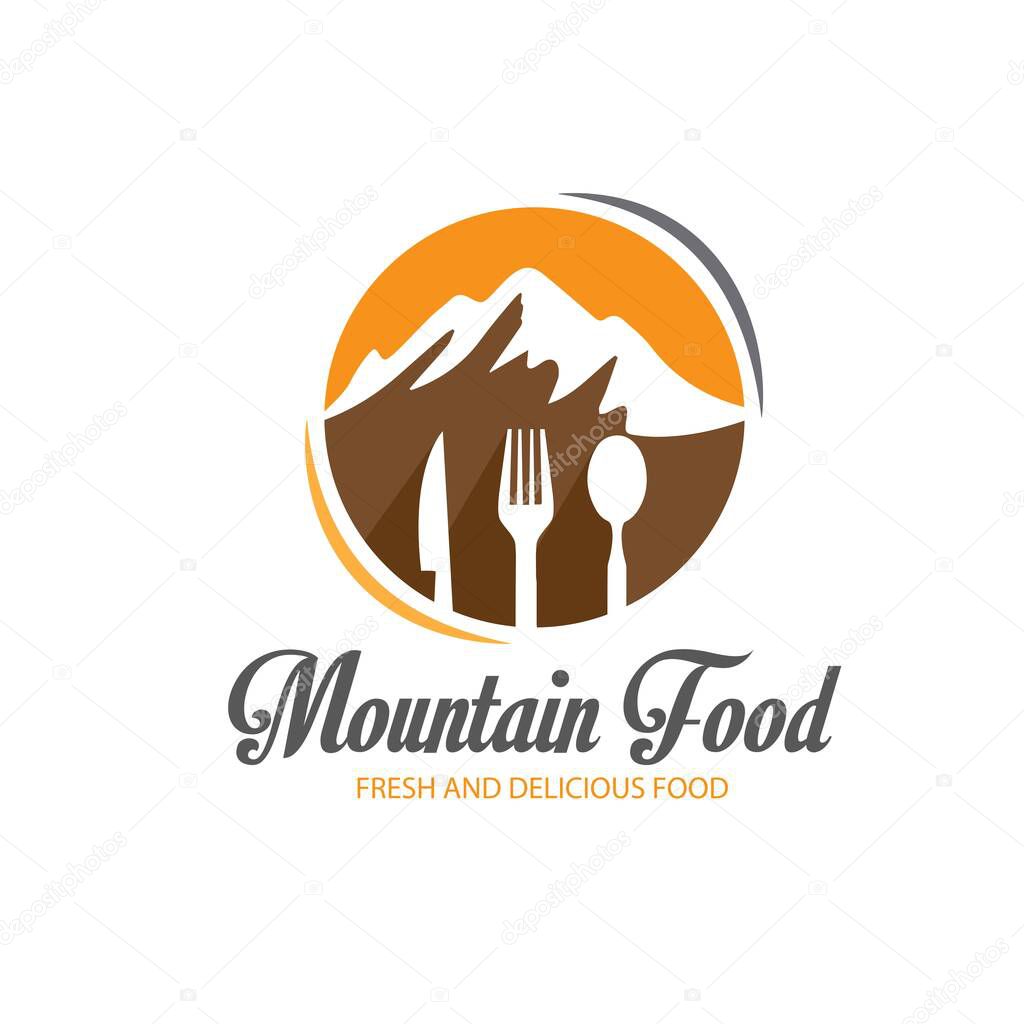 Mountains with knife, fork and spoon restaurant logo