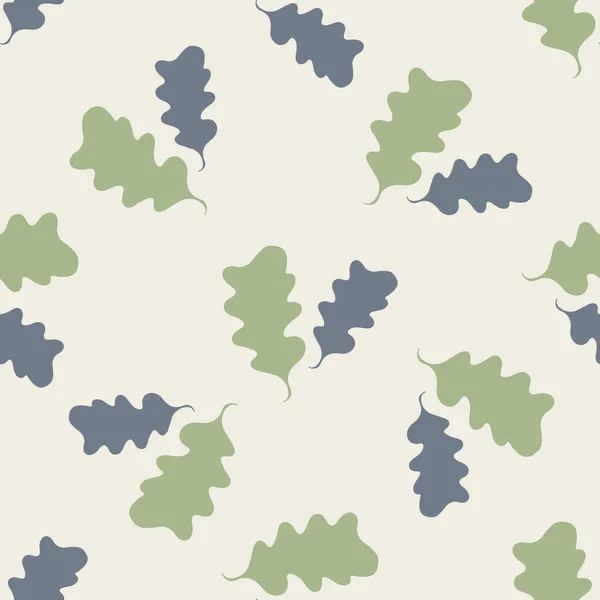 Ζεύγη από πράσινα φύλλα βελανιδιάς χωρίς ραφή φόντο μοτίβο. Χειροποίητες σιλουέτες φυλλώματος δασών σε μπεζ φόντο. Βοτανική απεικόνιση του Μεσαίωνα. Παντού εκτύπωση για το φθινόπωρο, το φθινόπωρο έννοια της ευημερίας — Διανυσματικό Αρχείο