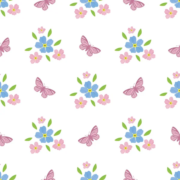 Esqueça-me-não floral e borboleta sem costura padrão de fundo vetor. Painterly efeito aquarela rosa azul mysotis flores e insetos no fundo branco. Botanical desenhado à mão por toda a impressão — Vetor de Stock