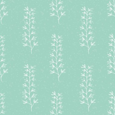 Vahşi çayır otları kusursuz vektör desenli arka plan. Beyaz çizgi sanatı uzun dikey yaprak, açık deniz mavisi arkaplanından doğar. El yazısı çizimi botanik tasarımı. İyi olmak için her yeri basılmış.