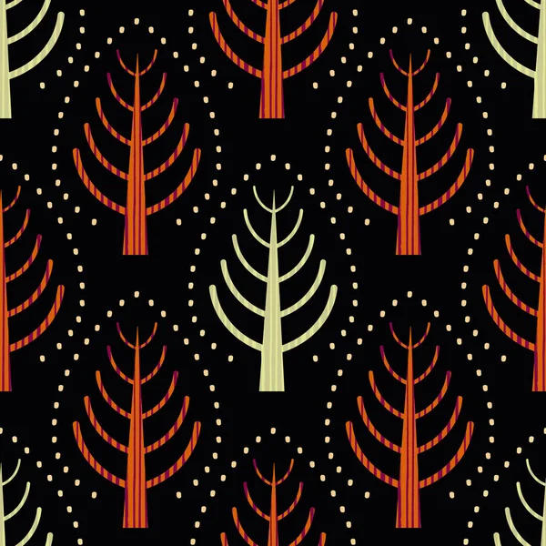 Zomer zonnewende bomen folk kunst naadloze vector patroon achtergrond. Moderne Scandinavische bos rode groene motieven op zwarte achtergrond. Handgetekende gestileerde geometrische damast stijl over de hele print. — Stockvector