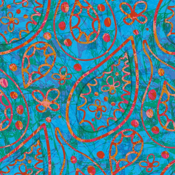 Vector batik paisley fondo patrón sin costuras. Fondo naranja azul saturado en colores tropicales con motivos de follaje abstractos. Diseño dibujado a mano estilo garabato moderno. Todo sobre la impresión para el verano — Archivo Imágenes Vectoriales