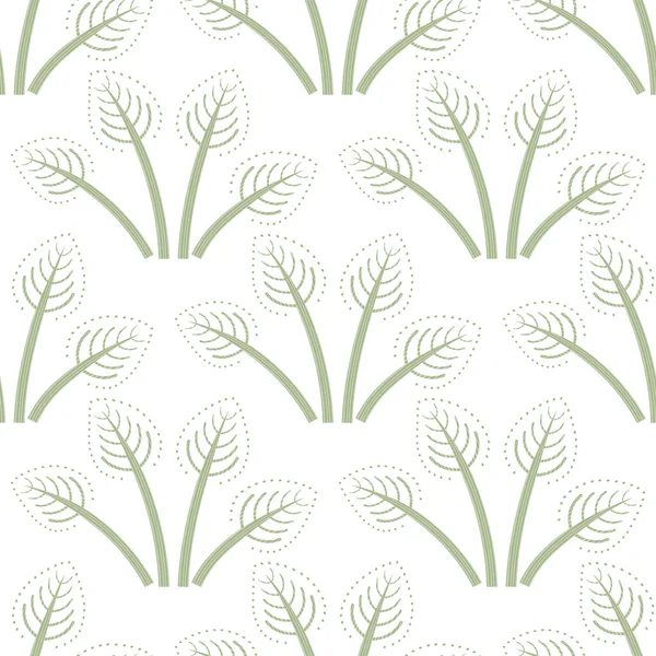 Bunches of painterly vector folk art leaves seamless pattern background. Pastel green white backdrop with hand drawn scandi style foliage. Geometric damask leaf design.Botanical all over print. — Stock Vector