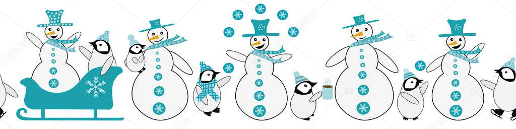 Snowman and baby penguin seamless vector border. Fun blue white banner with smiling, laughing snowmen, little penuins dressed in hats, scarves. Antarctic animals ice-skating, sledging winter scene