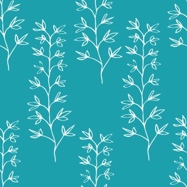 Vahşi çayır otları kusursuz vektör desenli arka plan. Beyaz çizgi sanatı uzun dikey yaprak kökü su mavisi arkaplanda bulunur. Çizilmiş el çizimi botanik tasarım. Sıhhat için her yerde geometrik baskı var.