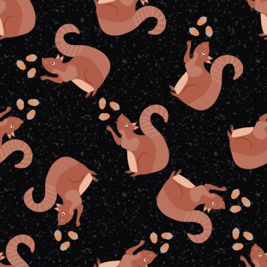 Şirin sincap meşe palamudu hokkabazlığı yapıyor. Havaya fındık atan kırmızı kahverengi orman hayvanları. Dokulu siyah arka plan. Eğlence ormanı vahşi yaşam tasarımı. Elle çizilmiş modern baskı.