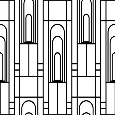 Vector art deco mimari dikey geometrik ızgara tasarımı uzun kemerler, kareler, dikdörtgenler. Siyah ve beyaz pürüzsüz bir arka plan. Zarif stil arkaplan. 1920 'lerin tarzı..
