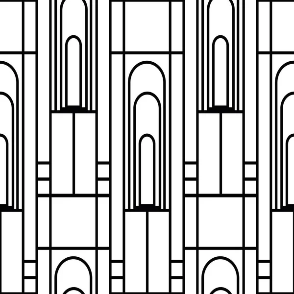 矢量艺术装饰建筑垂直几何网格设计与高拱门，正方形，矩形。黑白无缝图案背景.优雅的背景音乐再现了1920年代的风格. — 图库矢量图片