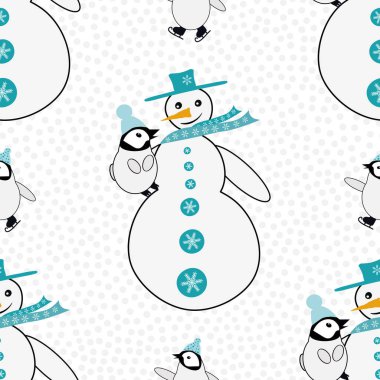 Kardan adam yavru penguene sarılır artı paten yapan imparator civciv. Kusursuz vektör kalıbı. Kartopu desenli mavi beyaz kış manzarası. Parmak izi üzerine çizilmiş komik el çizimi geometrik