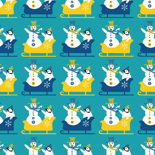 Bonhomme de neige et bébé pingouin traîneau sans couture motif vectoriel fond. Fond géométrique jaune bleu avec des bonhommes de neige riants, de petits pingouins assis dans des traîneaux avec les bras en l'air. Funky scène d'hiver — Image vectorielle