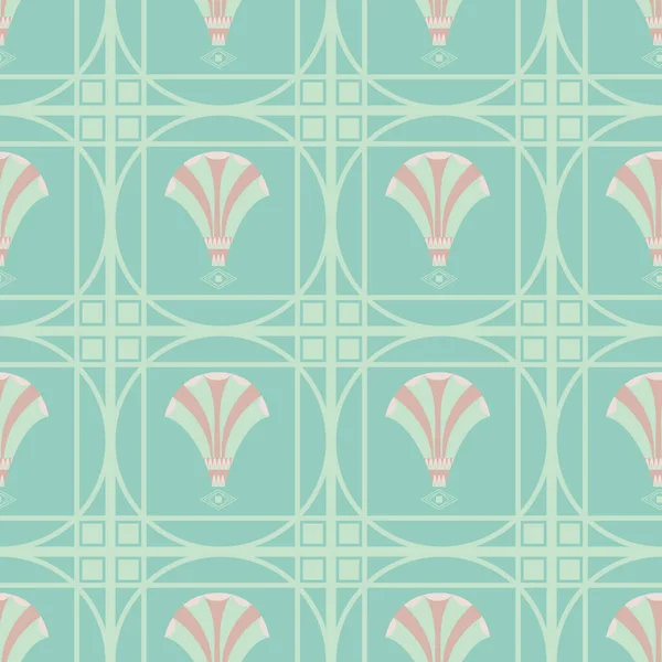 Vector Art Deco dekorative Gitter und Fächern stilisierten Blumen. Nahtlose blaue teal rosa Muster Hintergrund. Hintergrund mit verzierten quadratischen Schachteln gefüllt mit floralen Formen. Eleganter Stil der 1920er Jahre — Stockvektor