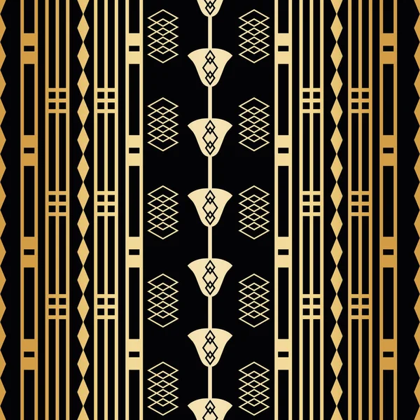 Vector art deco preto folha de ouro flores estilizadas, quadrados, grades de fundo padrão geométrico sem costura linear. Luxuoso vintage repetir pano de fundo com ornamental 1920s estilo alto florals e elementos. —  Vetores de Stock