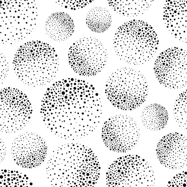 Abstract black and white dotted circles with texture shading effect. Seamless vector pattern grunge style background. Round moon style spheres backdrop with hand drawn elements. Modern all over print. — Stock Vector