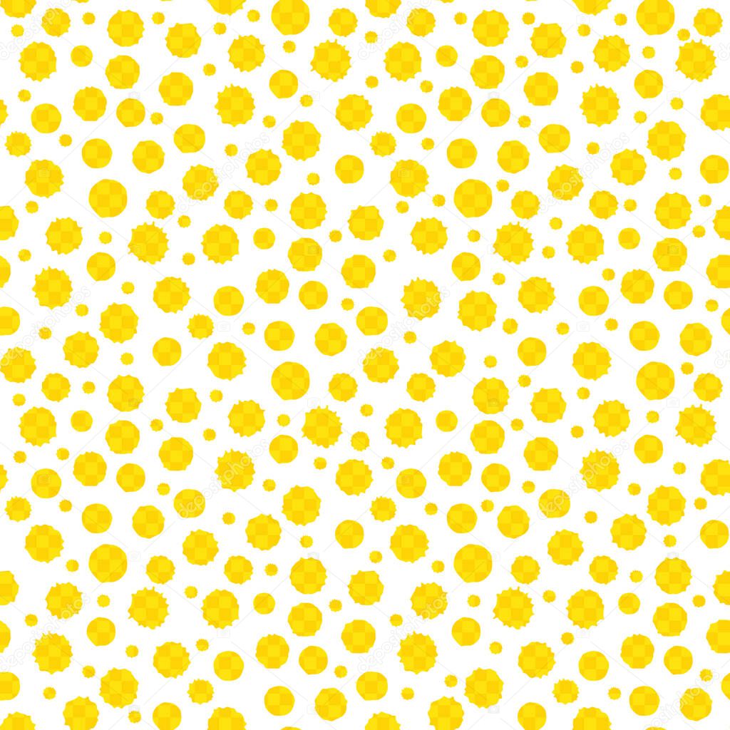 Yellow paint spatter gingham textured vector circles seamless pattern background. Textural organic painted spots on white backdrop. Tossed random design. Summery citrus color dotty all over print