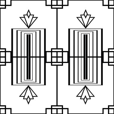 Dekoratif dikdörtgen şekilleri ve stilize eşkenar dörtgen çiçekleri olan vektör sanat deco mimari dikey geometrik ızgarası. Tek renkli, dikdörtgen desenli arka plan. Zarif yineleme arkaplanı 1920 'ler tarzı