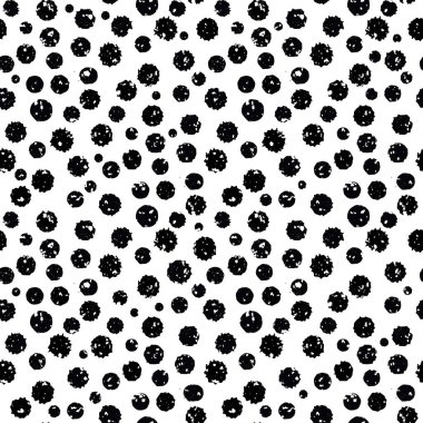 Siyah ve beyaz grunge boya sıçraması vektör dokusuz desenli arka plan. Yapısal organik boyanmış daireler tek renkli zemin. Rastgele dizayn edilmiş. Her yerde pejmürde şıklık, şehir havası var.