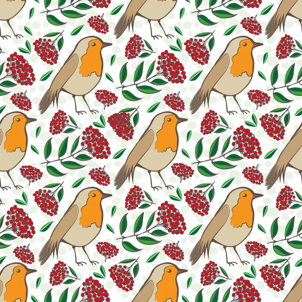 Robin Redbreast, berries and leaf foliage seamless vector pattern background. Red green backdrop with garden birds and fruit of cotoneaster plant. Winter festive wildlife and botanical all over print. — Stock Vector