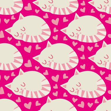 Kalpleri vektörsüz arkaplanı olan tatlı, uyuyan kawai kedileri. Uykulu çizgi film kedileriyle birlikte pembe renkli arka plan. El çizimi çizimi. Tek renkli evcil hayvan tasarımı. Her yerde.