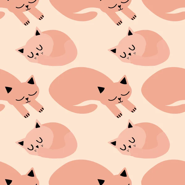 Roztomilé spací kawaii kočky vektor bezešvé vzor pozadí. Lososově růžové pozadí se stočenými a nataženými ospalými kreslenými koťátky. Ručně kreslený obrázek mazlíčka. Černobílý tisk po celé ploše — Stockový vektor