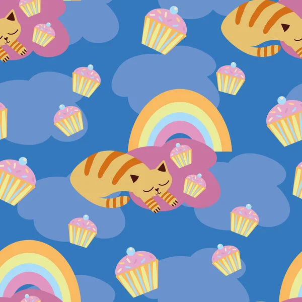 Vektor lucu tidur kawaii kucing dengan cupcakes, pelangi. Latar belakang pola mulus. Snoozing ginger kitten curled up on blue cloud backdrop. Ilustrasi hewan peliharaan. Semua di atas cetak - Stok Vektor