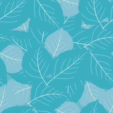 Tek renkli gökyüzü mavi kavak yaprağı dikişsiz vektör desenli arka plan. Üst üste binen dağınık el çizimi yapraklar soyut arkaplan. Bahar, yaz, tatil, sahil konsepti için botanik yeşilliği