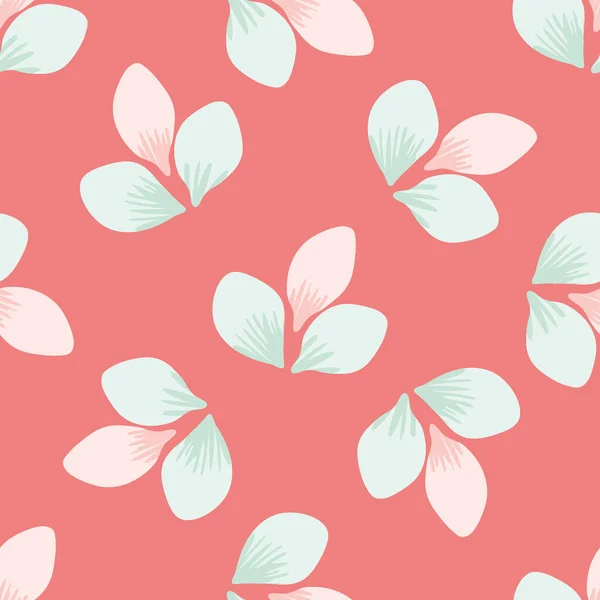 Beau trio dessiné à la main de fleurs de printemps fond de motif vectoriel sans couture. pétales délicats rose et vert menthe sur fond de couleur corail. Illustration botanique florale. Décoratif partout impression — Image vectorielle