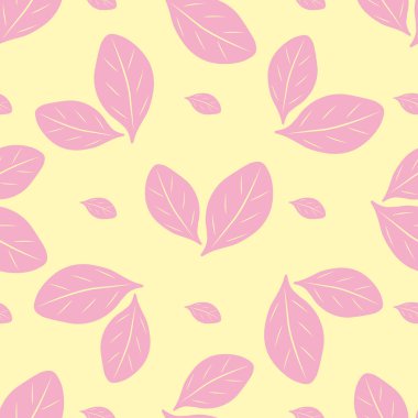 Güzel bahar çiçekleri ve kusursuz vektör desenli arka planlar bırakır. Sarı arka planda pembe narin yapraklar ve yapraklar. Bitkisel illüstrasyon. Bebek partisi için her tarafı dekoratif.
