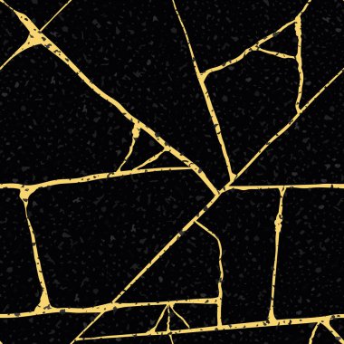 Altın kintsugi çatlak vektör kusursuz model arka plan. Altın rengi düzensiz çizgiler siyah arka planda birleşiyor. Japon sanatı kırık mermer lüks taş etkisinden esinlenmiştir. Her yerde el yapımı zariflik var..