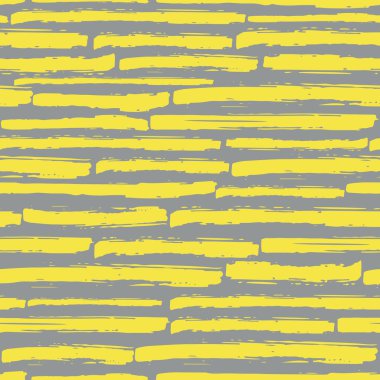 Doğrusal geometrik kırık çizgili, dikişsiz vektör desenli arka plan. Sarı, gri, boyalı fırça darbesi, çizgili arka plan. El çizimi yatay bölünmüş grunge çizgileri her yerde parmak izi.
