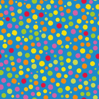 Holi festivali boya sıçrayan daireleri kusursuz vektör desenli arka plandan esinlendi. Düzensiz tropikal renkler boyalı arka plan. Organik fırça noktalı tasarım. Eğlenceli noktalar yaz kutlaması için tekrarlanıyor