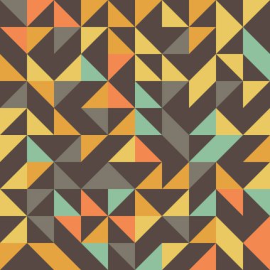 Vektör truchet geometrik üçgen dikişsiz şablon arka planı. Turuncu, kahverengi, mavi, sarı, üçgen ve eşkenar dörtgen şekilli arka plan. Her yerde 1970 'lerin tarzı eğlence var.