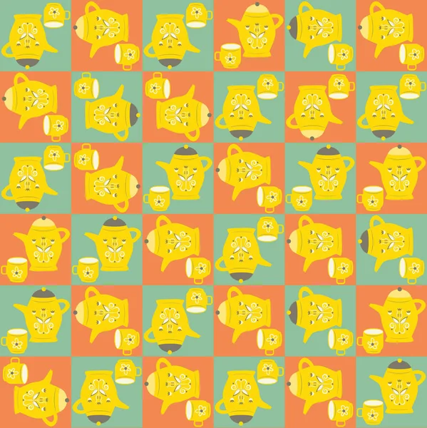 Peralatan sarapan vektor latar belakang pola mulus Dicetak biru oranye latar belakang dengan scandi gaya pot kopi dan cangkir. Ilustrasi crockery abad pertengahan. Semua atas cetak untuk produk dapur - Stok Vektor