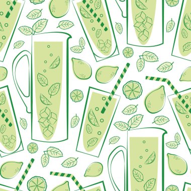 Naneli limonata, cam taşıyıcı, dikdörtgen desenli arka plan. Retro yeşil arkaplan çizgili sanat sürahisi, içki bardakları, pipetler, limonlar, nane yaprakları. Duotone içeceği yaz için tekrarlanıyor