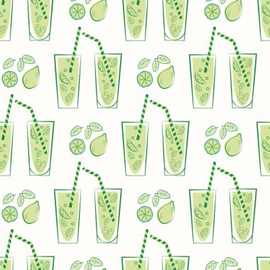 Naneli limonata, cam taşıyıcı, dikdörtgen desenli arka plan. Retro yeşil beyaz arka plan, çizgili sanat tarzı içki bardakları, pipetler, narenciye meyveleri, nane yaprakları. Geometrik içecek yaz için tekrarlanıyor