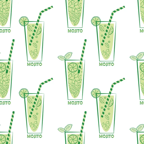 Mojito vidrio y paja vector sin costuras patrón de fondo. Fondo blanco retro verde con copas, pajitas, cítricos, hojas de menta y nombre de cóctel. Bebida divertida repetición para la fiesta de verano — Archivo Imágenes Vectoriales