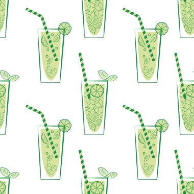 Limonata camı ve saman vektörü arkaplanı. İçki bardakları, pipetler, narenciye meyveleri ve nane yapraklarıyla birlikte geriye dönük yeşil geometrik arkaplan. Nane likörü yaz partisi için tekrarlanıyor